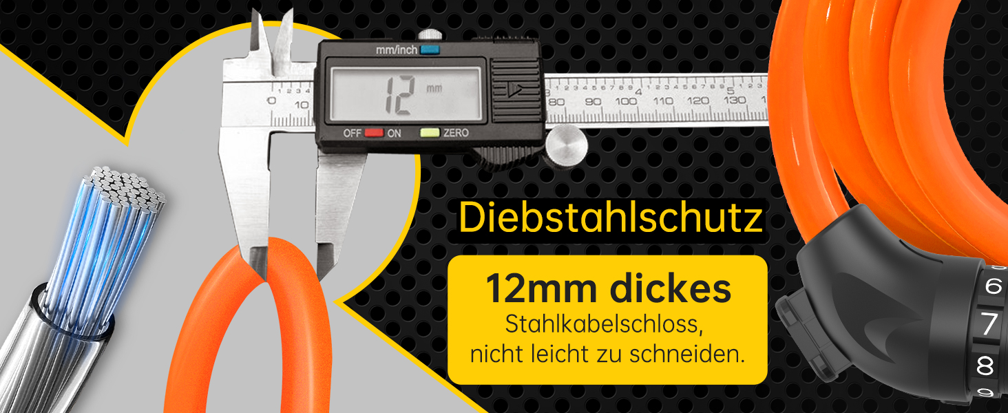 Замки для велосипеда з кодом 12 мм/120 см, протиугінний кабельний замок з 5-значним кодом, вологостійкий числовий замок-кабель для велосипеда, електровелосипеда, дитячої коляски, драбини (Чорний) (Оранжевий)
