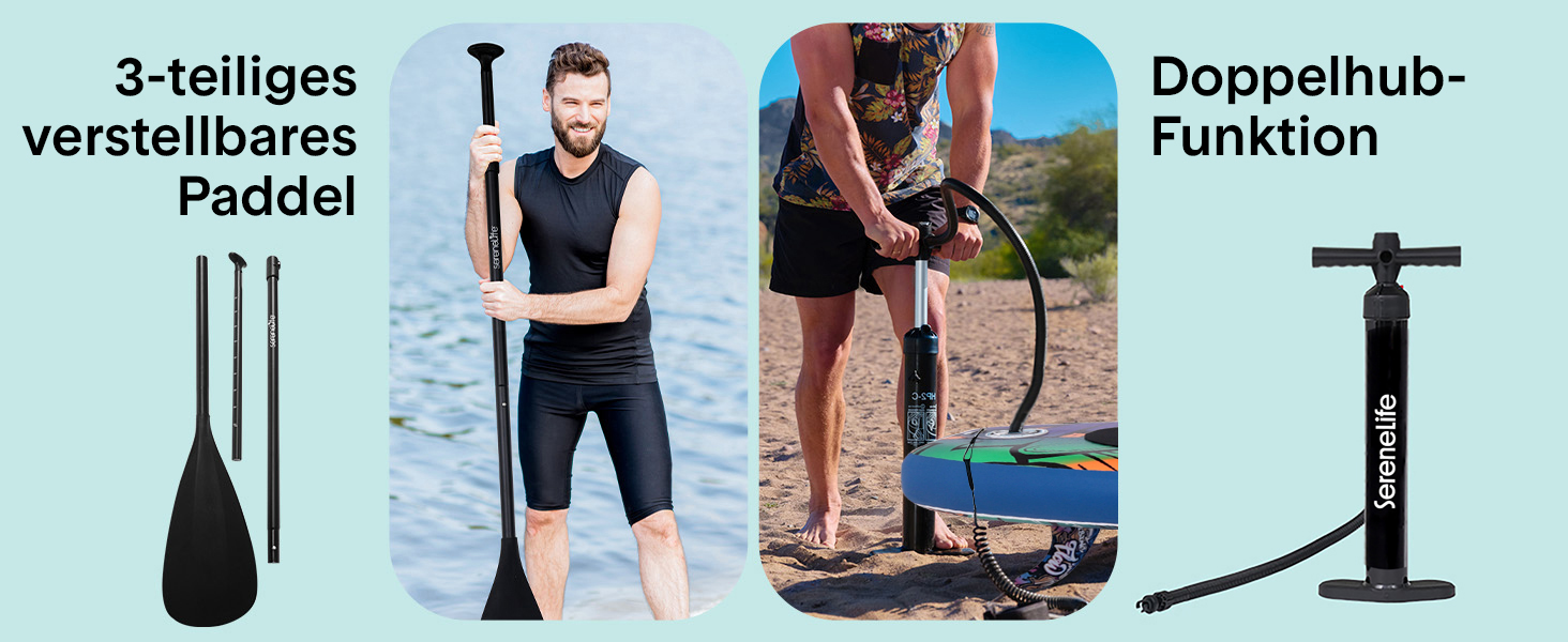 Надувний SUP Серінелайф: комплект для сапсерфінгу з веслом, насосом та сумкою. Підходить для дітей та дорослих, чорний. Макс. вага: 155 кг