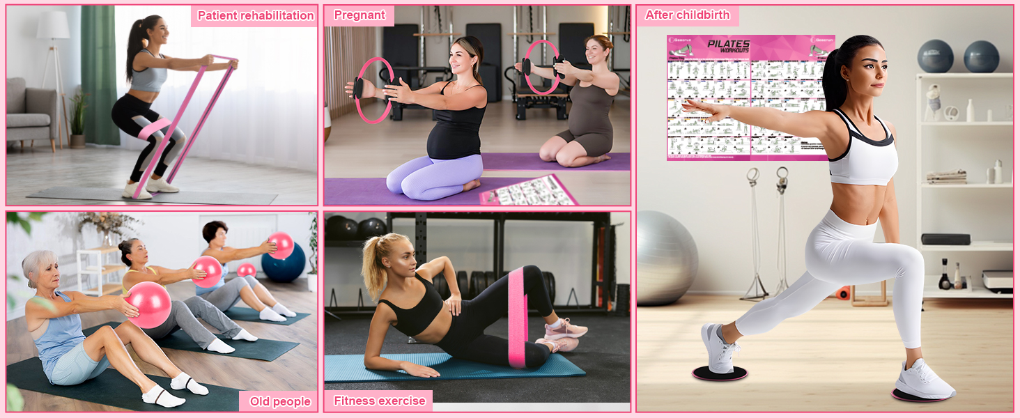 Pilates-кільце Goocrun з еспандером, м'ячем та слайдерами для фітнесу вдома – постер в комплекті (Рожевий, середній рівень)