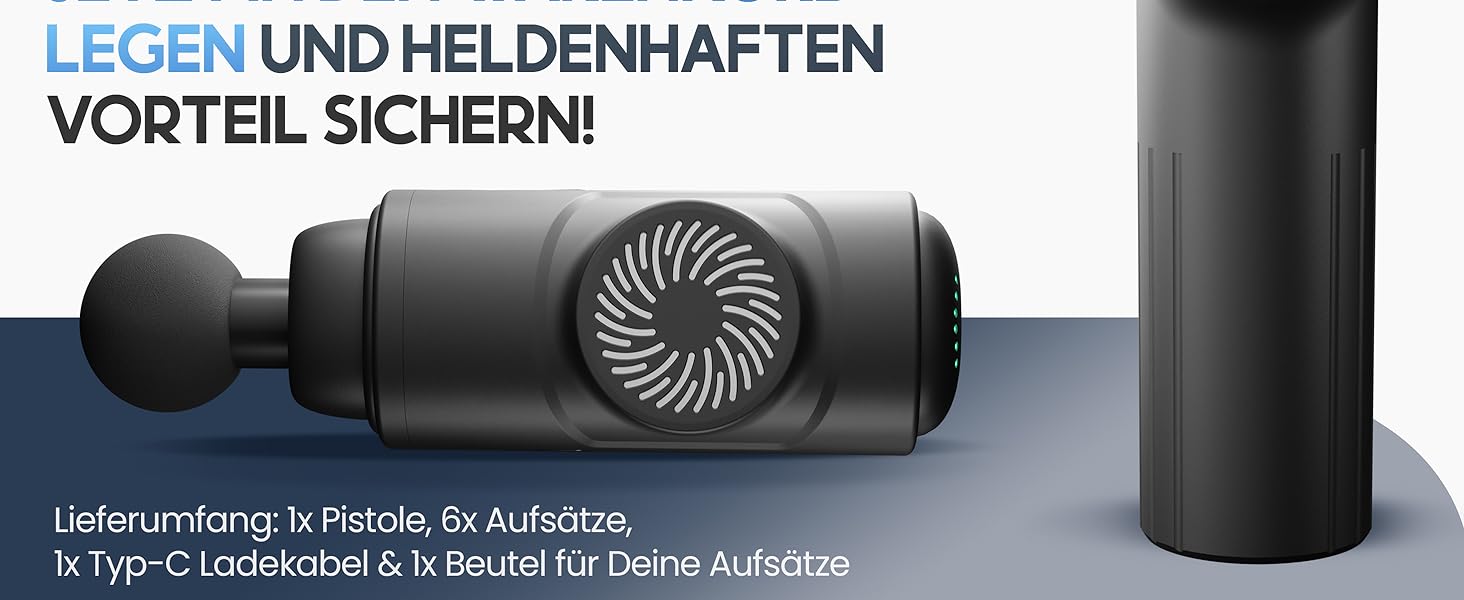 Масажний пістолет з 6 масажними головками та 3200 об/хв I Пістолет для масажу м'язів з портом USB-C I Масажер для м'язів, масажний пістолет, пістолет для масажу м'язів, м'язовий пістолет (чорний)