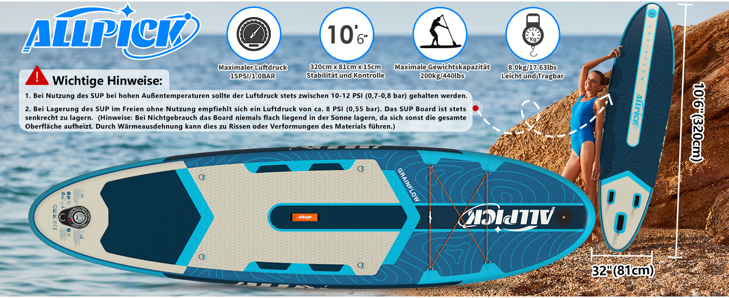 Надувний SUP-борд ALLPICK Premium з аксесуарами, тримачем для камери, регульованим веслом, для початківців та досвідчених, 200 кг, колір: Глибокий синій