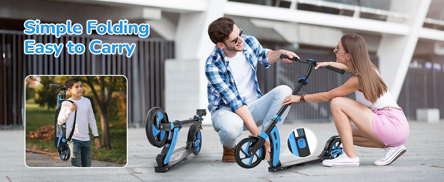 Дитячий ролер Roller Kinder з алюмінію, регульована висота, складна конструкція, подвійна підвіска, до 100 кг, синій