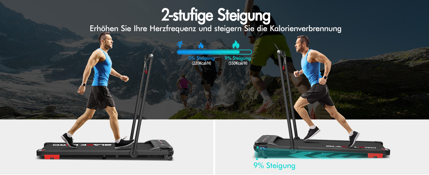 Walkingpad Laufband BLACK LORD MS2H: біговий доріжки для дому, 9-16 км/год, нахил до 9%, 2.2-3.2 PS, до 140 кг, LED-дисплей, мобільний додаток, тиха робота, чорний колір (з ручками)