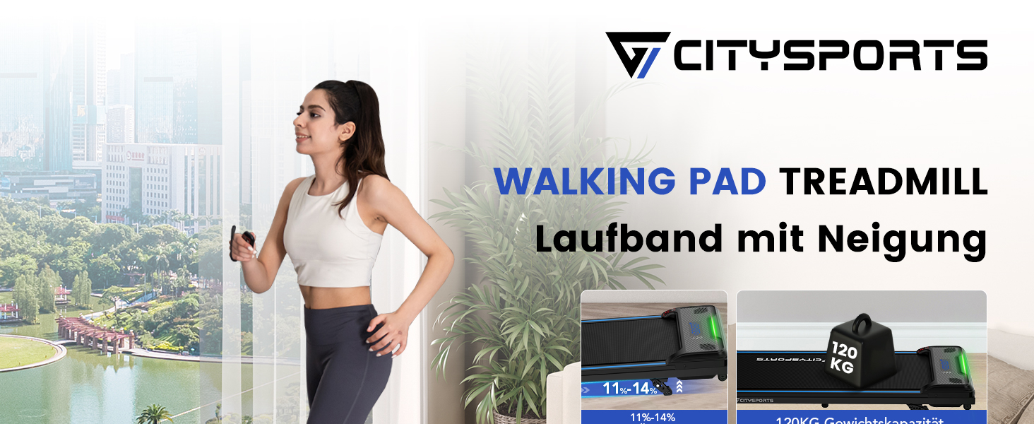 CITYSPORTS Біговий тренажер з регулюванням нахилу, Walking Pad з LED-дисплеєм та світловим ефектом, 1-6 км/год, для дому та офісу, з пультом керування (Blue)