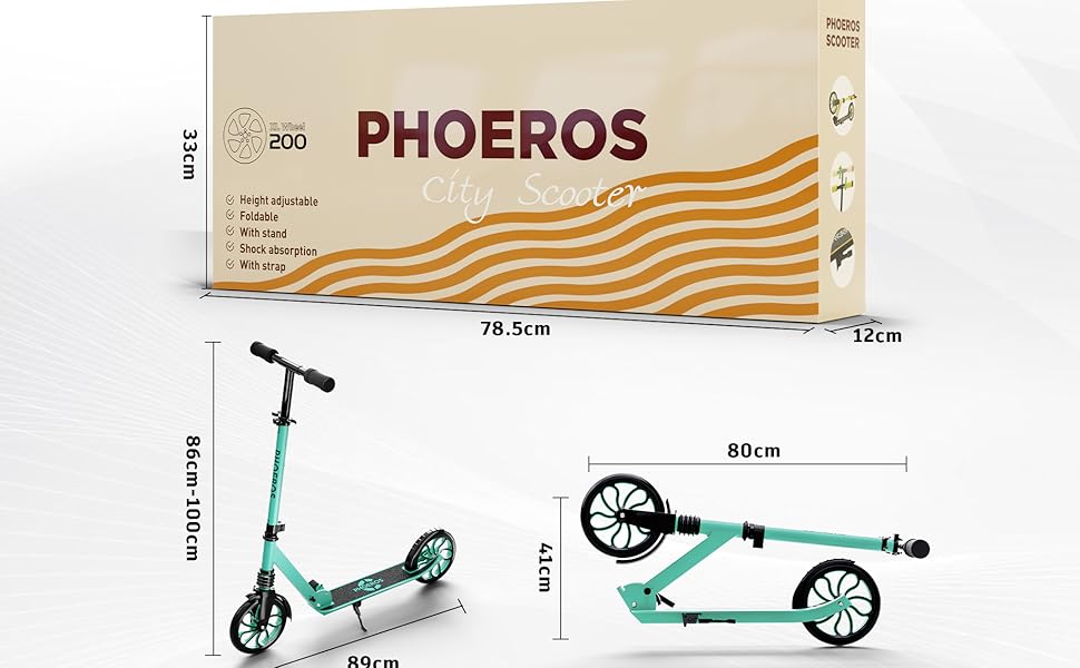 Дитячий трюковий самокат PHOEROS для дітей, підлітків та дорослих. Легкий міський самокат з алюмінію з великими колесами 200 мм, складний, 3-рівнева регулювання висоти, амортизація.