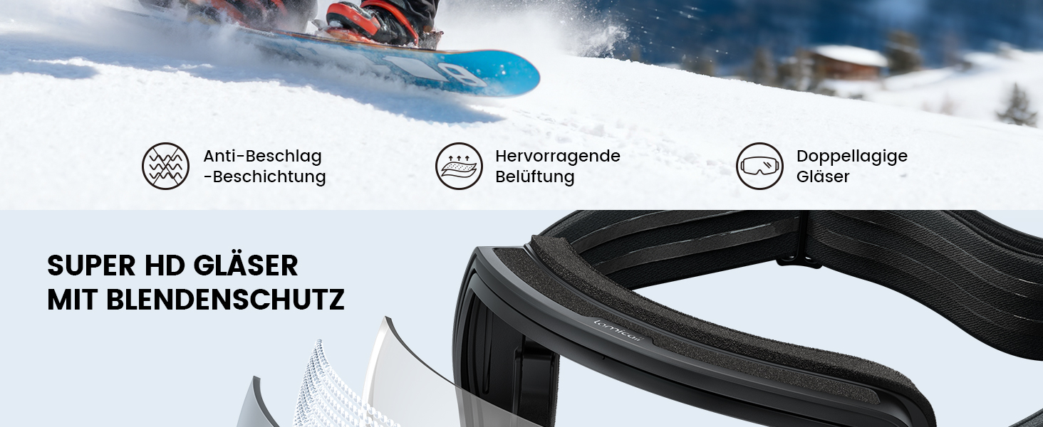 Ламікал - скі-маска для чоловіків та жінок, сноуборд маска з OTG - [Ultra HD, широке поле зору] - високоякісна скі маска з захистом від запотівання, для людей у окулярах, дзеркальна сноуборд маска, скі маска UV400 з захистом від відблисків - чорний каркас - срібний колір (VLT: 11%)