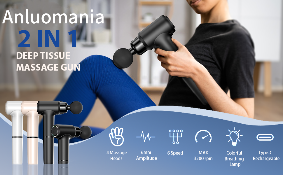 Масажний пістолет Anluomania 3200 об/хв з 4 силіконовими насадками, 6 швидкостей, USB-C, для м'язів, подарунок для чоловіків та жінок