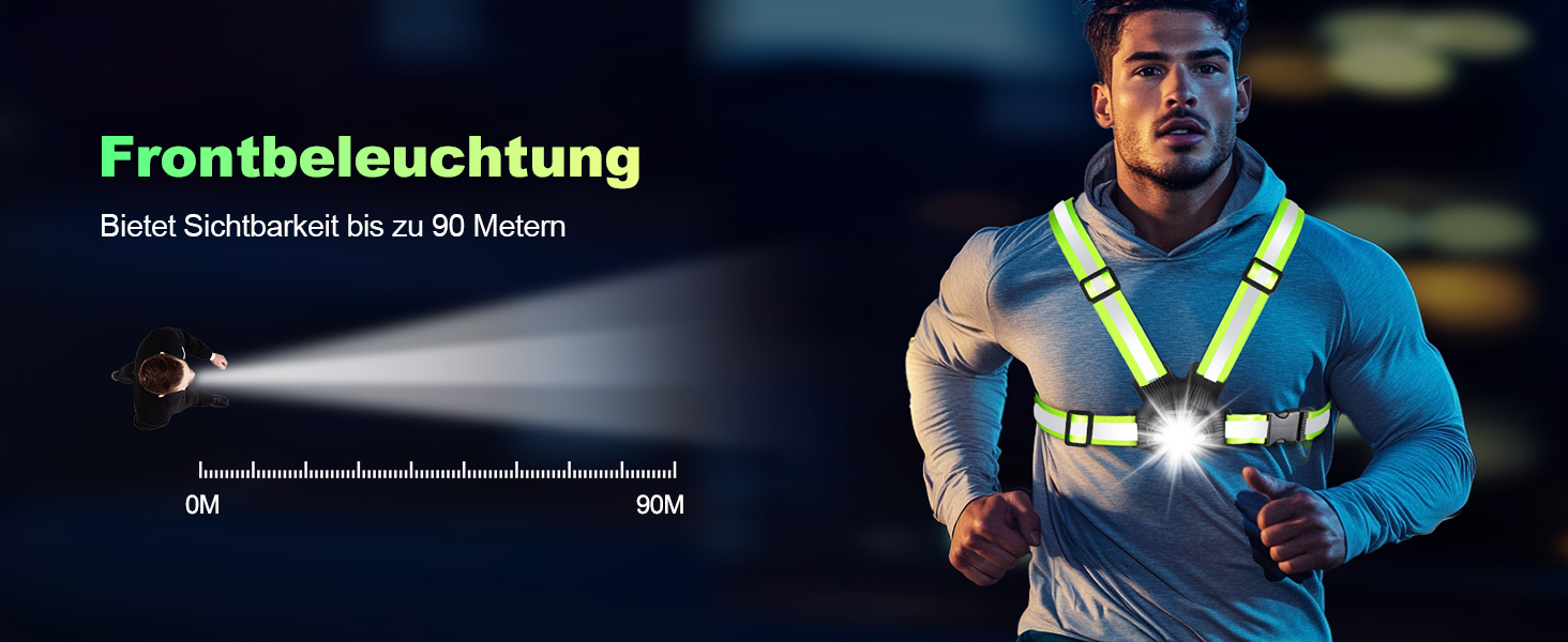 Лампа для бігу Lauflampe Joggen: нагрудна лампа з проблисковим світлом, 500 люмен, кут нахилу 45°, 2 кольори світла, USB-C, IPX4, подвійний ремінь з 360° світловідбивачами для кемпінгу, активного відпочинку, велоспорту (без заднього ліхтаря)