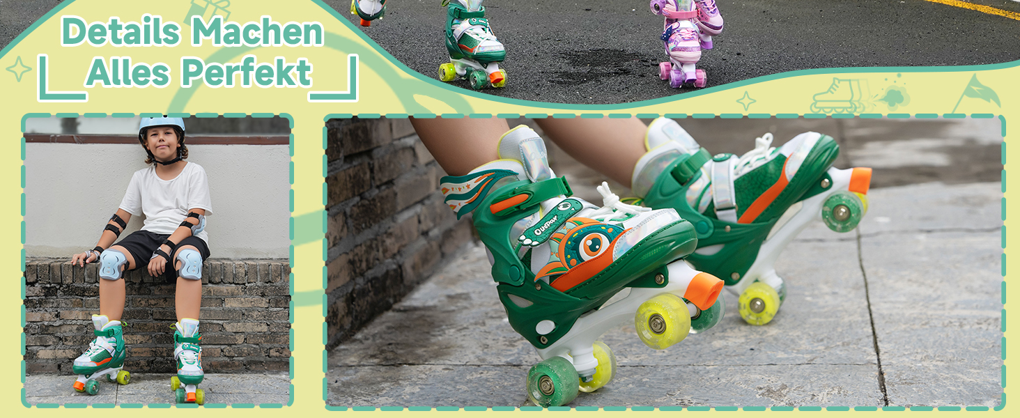 Дитячі ролики Quad Roller Skates з підсвічуванням коліс, регульовані по розміру, зелені (32-35)
