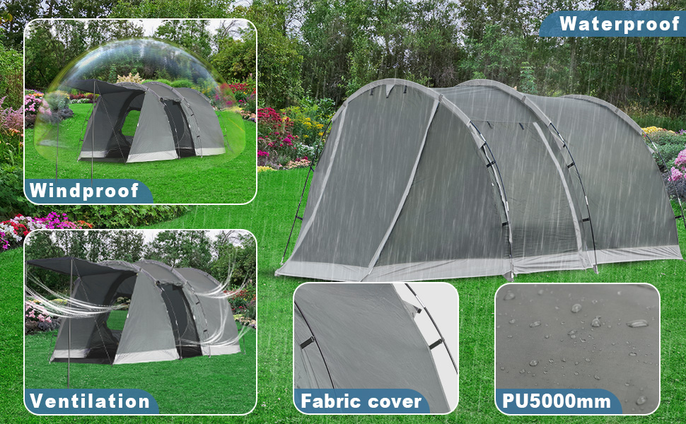 Намет для кемпінгу на 4 особи: водонепроникний тунельний намет для сім'ї та групи, з шатром для сну, сірий
