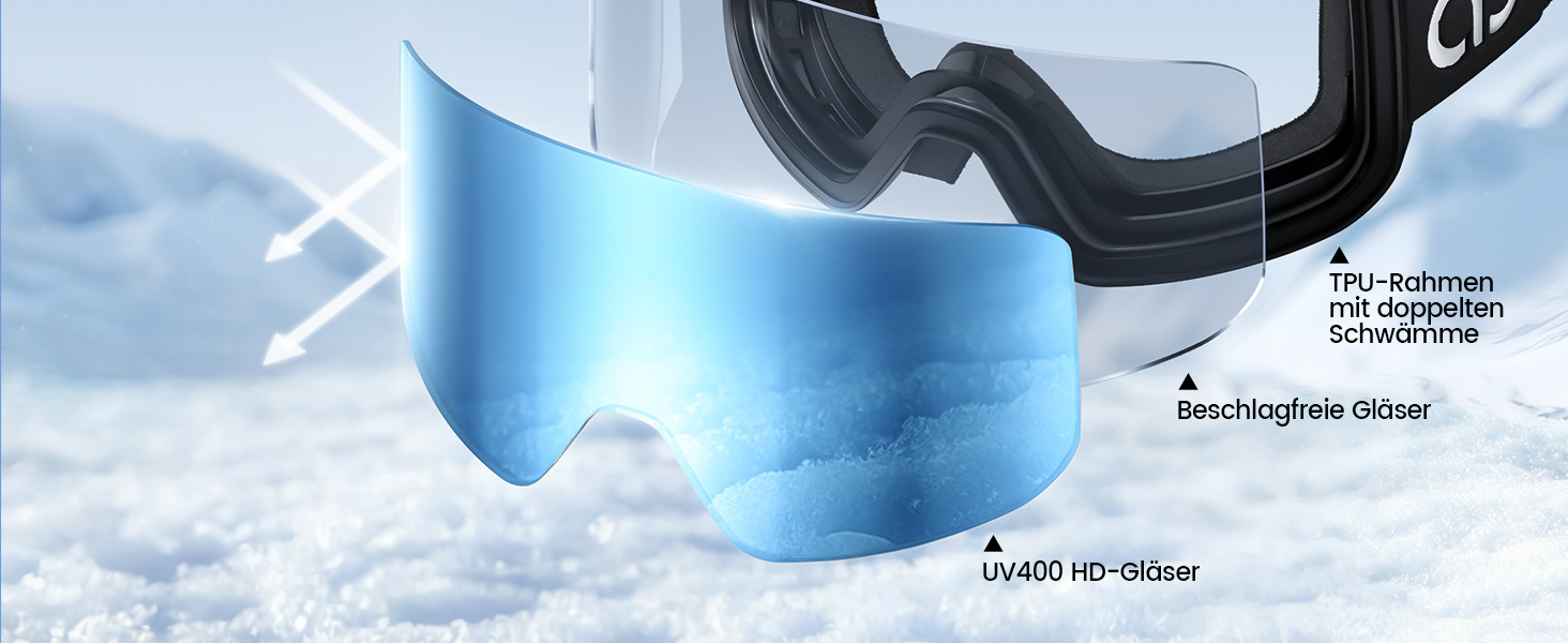 Ламікал - скі-маска для жінок та чоловіків, сноуборд маска з антизапітніючою технологією, дзеркальна, для носіїв окулярів, захист від сонця UV400, чорний каркас, блакитне скло (VLT: 11%)