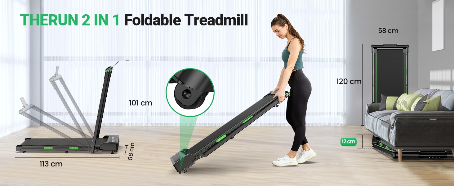 Бігова доріжка THERUN для дому, складний, з нахилом, 3 в 1 Walking Pad з 3 рівнями нахилу, 2.5PS, стіл-біговий тренажер з подвійною поверхнею для захисту колін, темно-зелений