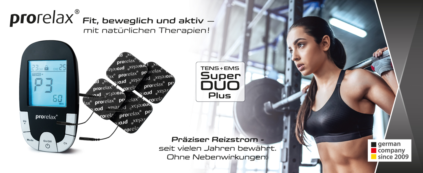 Prorelax TENS/EMS Duo Comfort Blackline: електростимулятор для м'язів та зняття болю | 2 терапії в одному приладі | З підсвічуваним дисплеєм