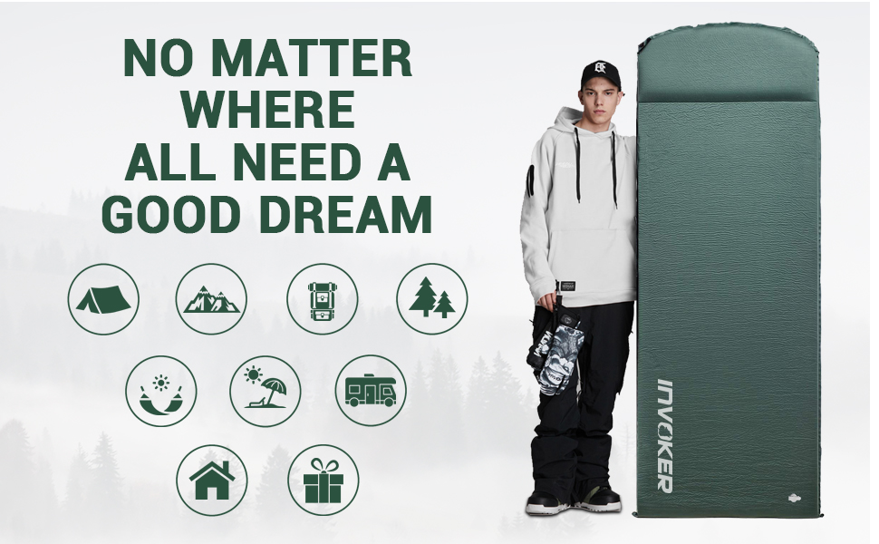 Саморозкладана туристична матрац для кемпінгу з memory foam, з вбудованим подушкам, 8 см, зелений