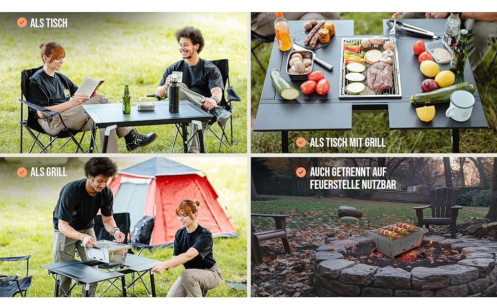 Преміум туристичний стіл Castra з інтегрованим грилем – алюміній 7075, регульована висота, для відпочинку на природі, вологостійкий, інноваційна складна система, багатофункціональний стіл та аксесуари для кемпінгу, саду, подорожей та риболовлі