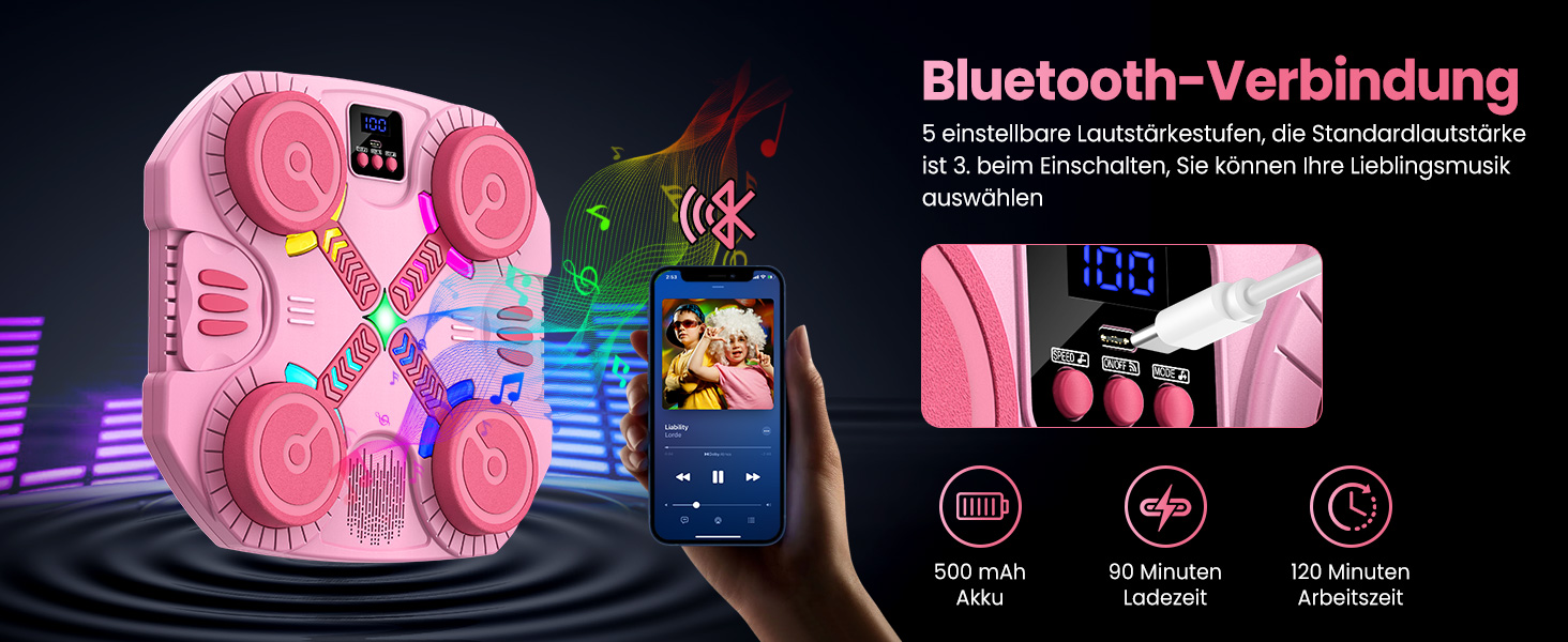 Дитяча боксерська машина з підсвіткою та музикою, Bluetooth, 5 швидкостей, 2 режими тренування, підрахунок ударів, кріплення на стіну (Рожева)