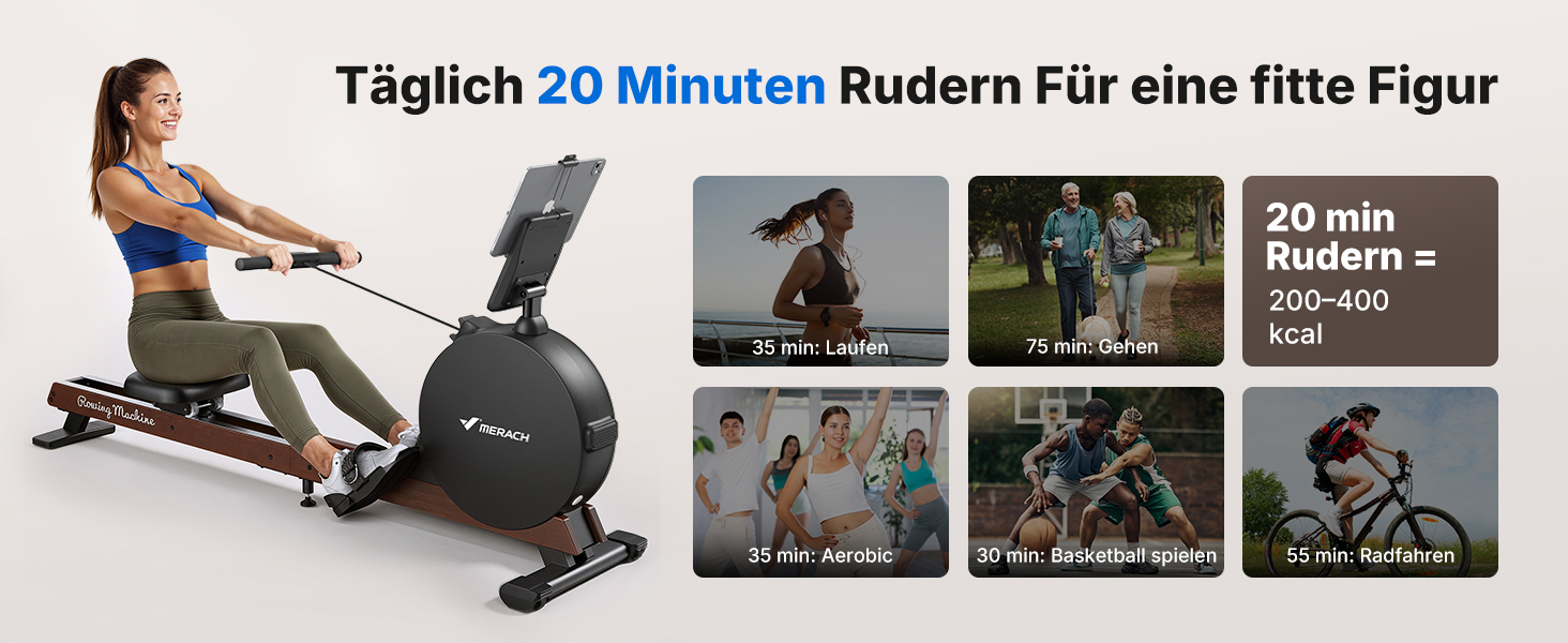 Гребний тренажер MERACH для дому з магнітним опором 60 кг, автоматичною регулюванням, LED-дисплеєм та подвійними дерев'яними рейками (R21)