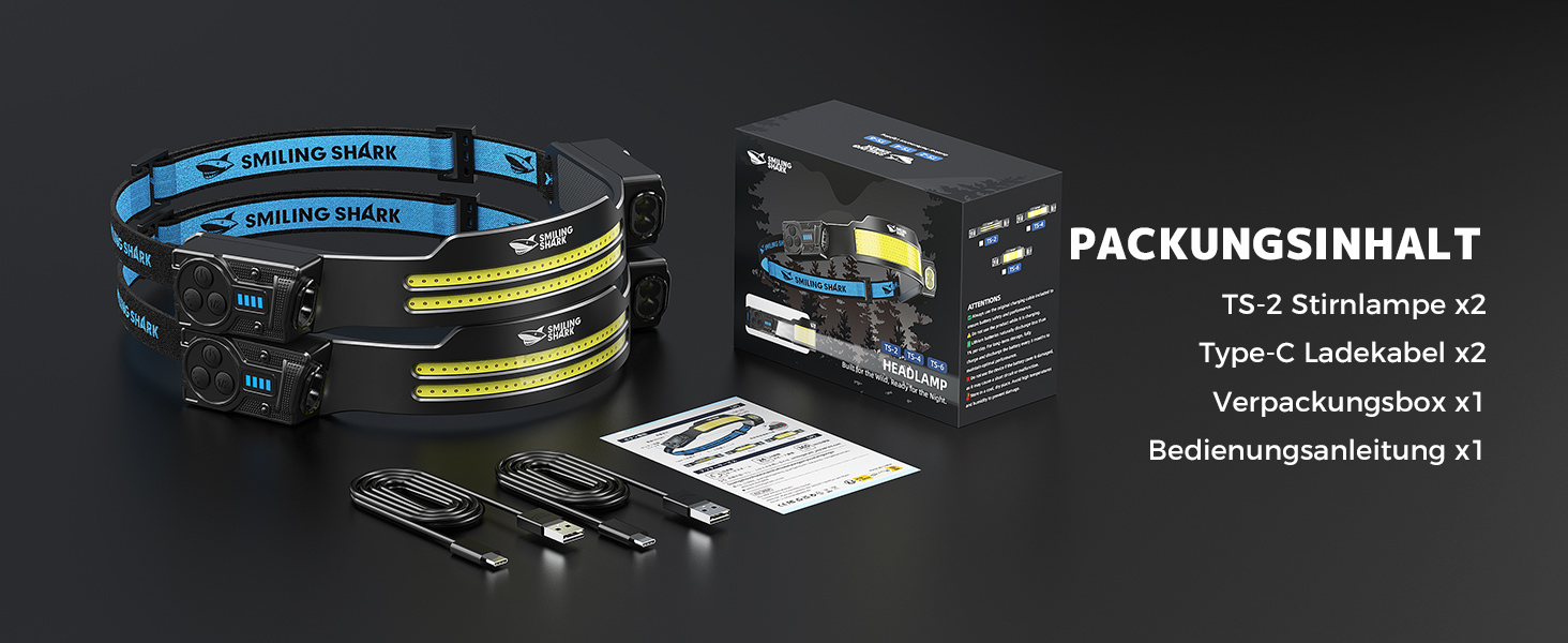 Налобний ліхтар Smiling Shark TS-2 LED, акумуляторний, 2400mAh, з регульованим подвійним променем, стробоскопом та датчиком руху. Ідеально для кемпінгу, бігу, піших прогулянок (2 шт.)