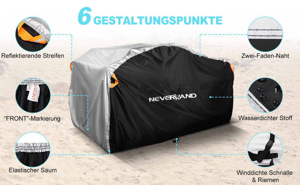 Водонепроникний чохол для квадроцикла NEVERLAND ATV з 300D Oxford тканини, захисний покривал з відбивачами та гумовими стяжками від пилу, дощу та UV, 210x120x115 см (Чорно-сріблястий, A225-08-XL)