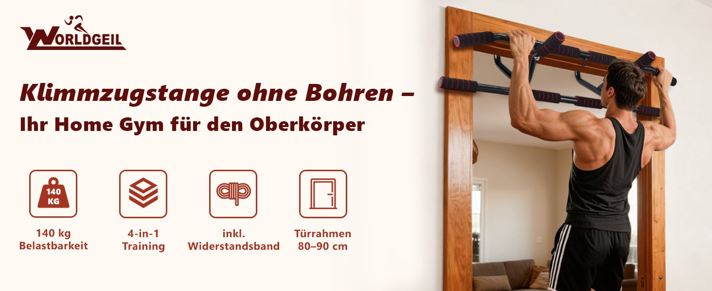 Турнік для дверей Klimmzugstange - турнік для підтягувань на дверний проріз без свердління, з м'якими ручками, 80-90 см