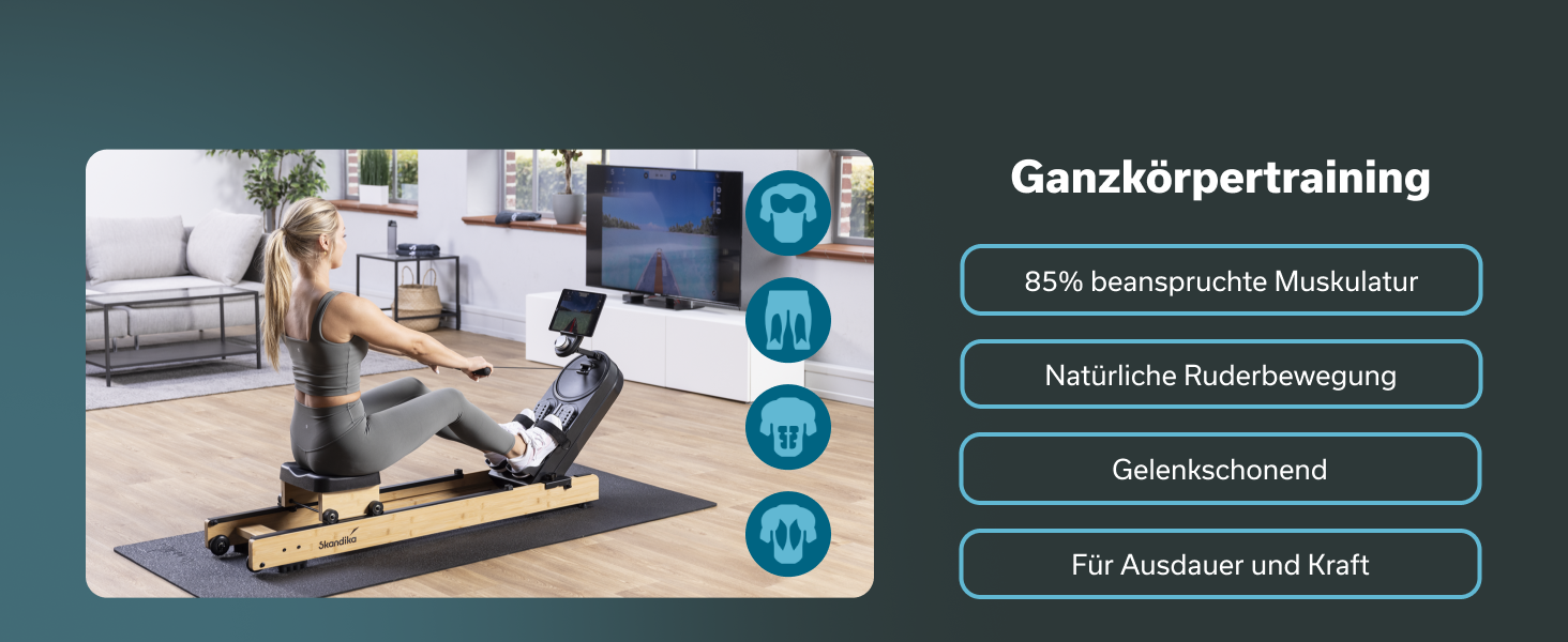 Skandika Rovek: Гребний тренажер дерев'яний, складаний для дому, магнітний опір 32 рівні, сумісний з Kinomap, до 195 см, темно-коричневий