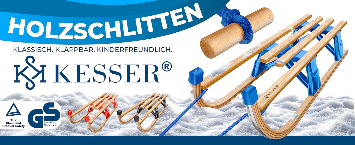 Дерев'яний санчата KESSER® Premium з буку, складні, з тяговим тросом та металевими чіпами, без спинки, червоні