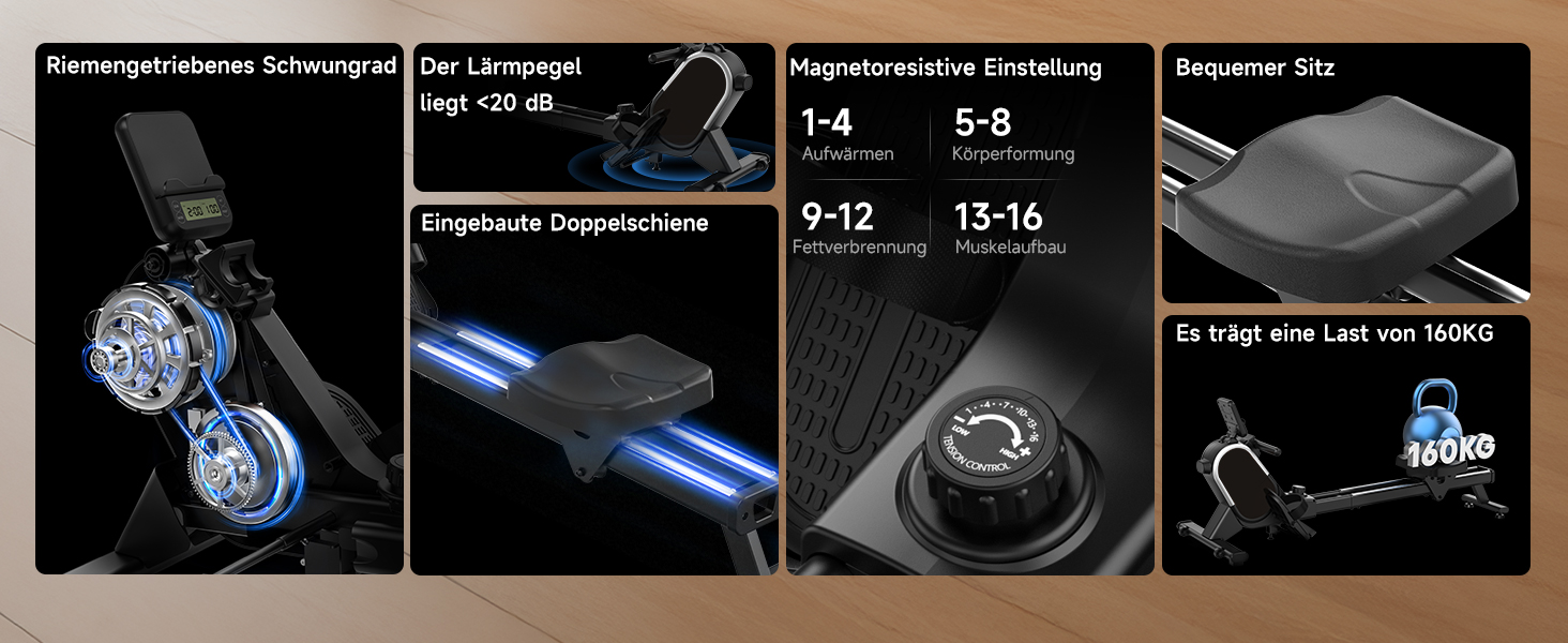 Гребний тренажер CHAOKE для дому, тихий магнітний, з App, 16 рівнів опору, стабільний, до 160 кг, чорний