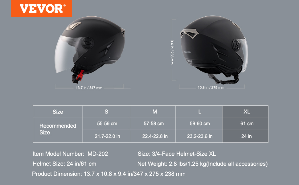 Мотошолом VEVOR 3/4 XL, без бренду, 55-56 см, високощільний ABS, Bluetooth, змінне скло, DOT, для дорослих і підлітків