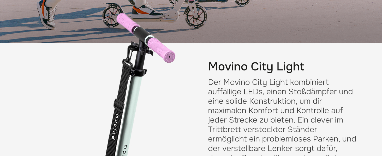 Електросамокат Movino City Light для дітей та підлітків: LED, амортизатори, колеса 180мм, регульований кермо, протиковзкі ручки (М'ятний/Рожевий)