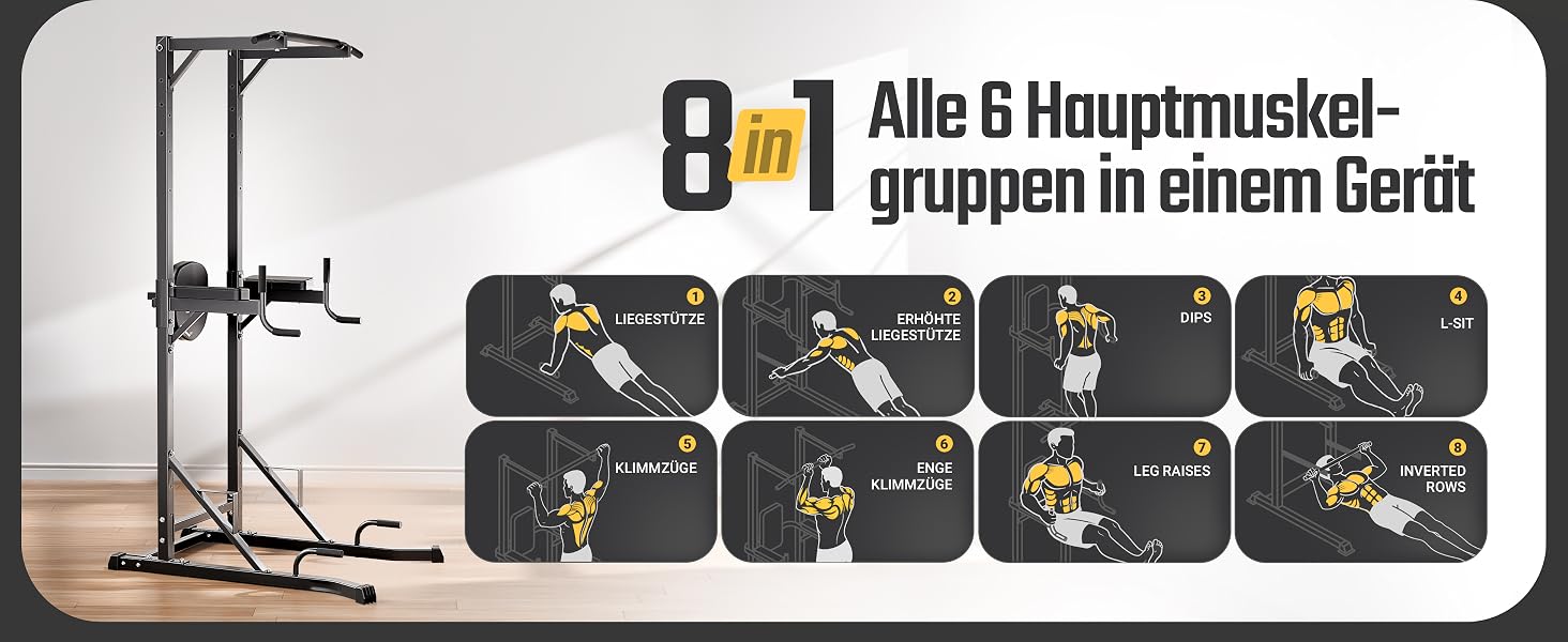 Багатофункціональна турнікова станція HQ Germany Power Tower 8-в-1 з регулюванням висоти, посиленими ручками та підніжками для вправ вдома