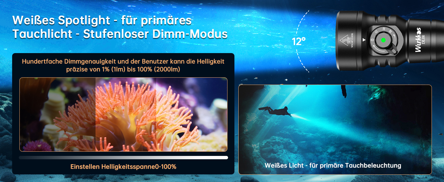 Ліхтар підводний Wurkkos DL08 – 3600 люмен, IPX8, з червоним та UV світлом, регулювання потужності, режими Spot/Flood, Type-C, CRI 90