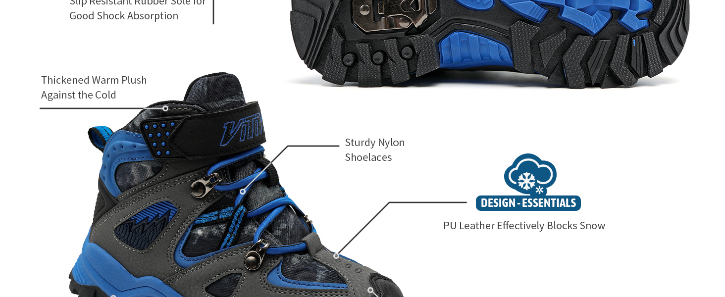 Дитячі зимові черевики VITIKE для хлопчиків та дівчаток, тепле хутро, черевики для снігу та трекінгу, 40 EU, чорний