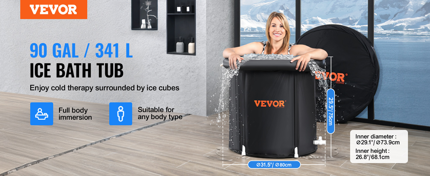 Есбадека VEVOR 80 см для холодної терапії, 290 л, надувна, з кришкою, для спортсменів