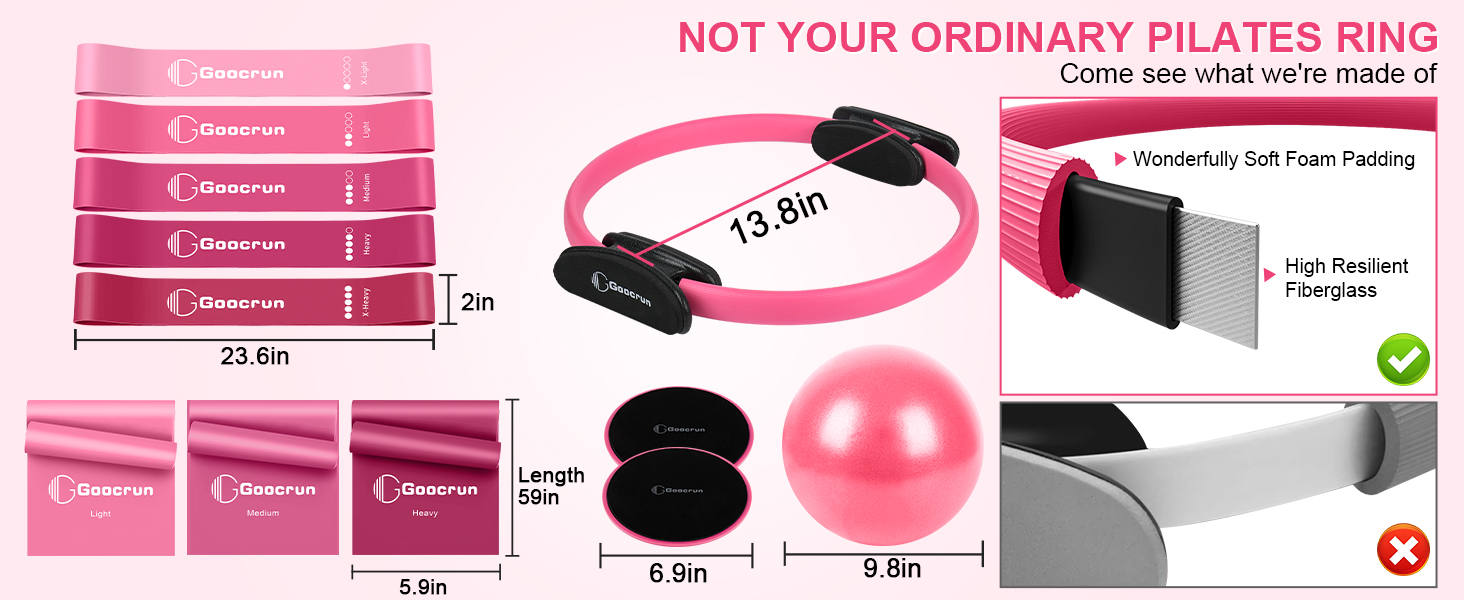 Pilates Ring Set Goocrun: кільце для пілатесу, еспандер, м'яч та слайдери для домашніх тренувань. Рожевий колір.