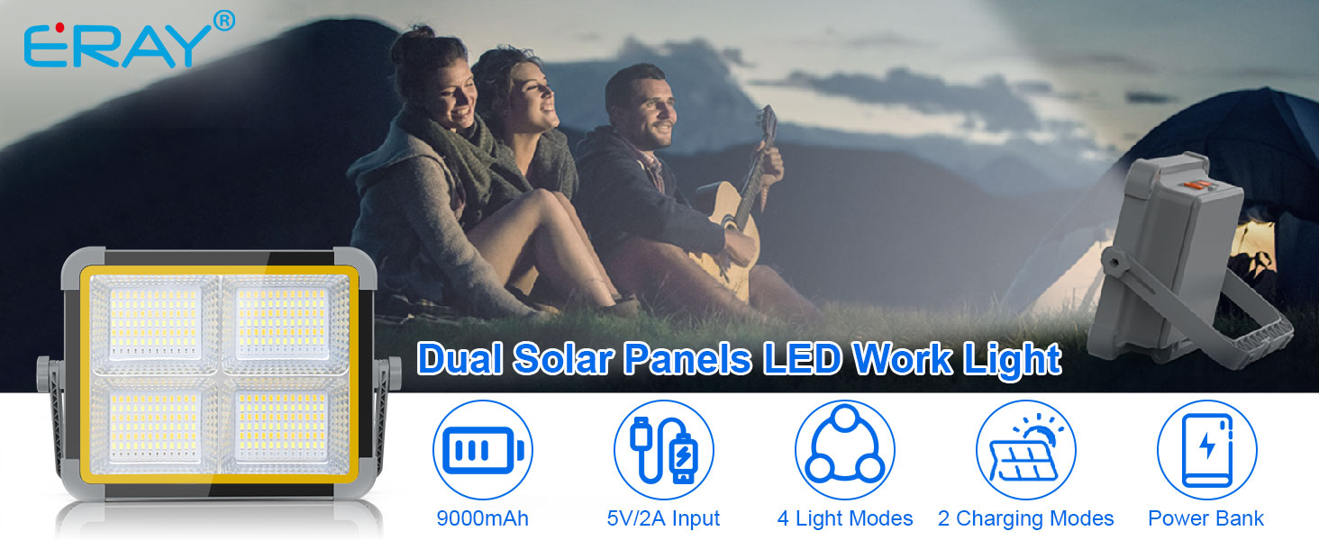 ERAY Сонячний LED прожектор 150W з акумулятором 7800mAh, 336 LED, 4 режими, 2 способи зарядки, портативний ліхтар для кемпінгу, гаража, надзвичайних ситуацій (сірий)