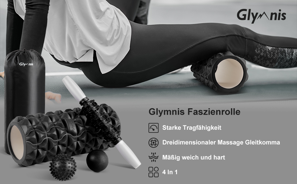 Ролер для масажу м'язів 4-в-1 Glymnis: ролер, масажний стержень та 2 м'ячі для розслаблення та зняття болю. Чорний колір