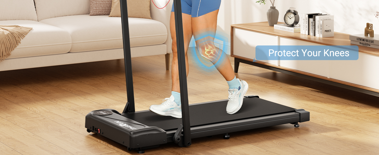 Біговий тренажер THERUN для дому, складний, Walking Pad, тихий з поручнем та LED-дисплеєм, до 10 км/год, подвійне амортизаційне з'єднання, біговий стіл для дому та офісу, не потребує збирання, чорний