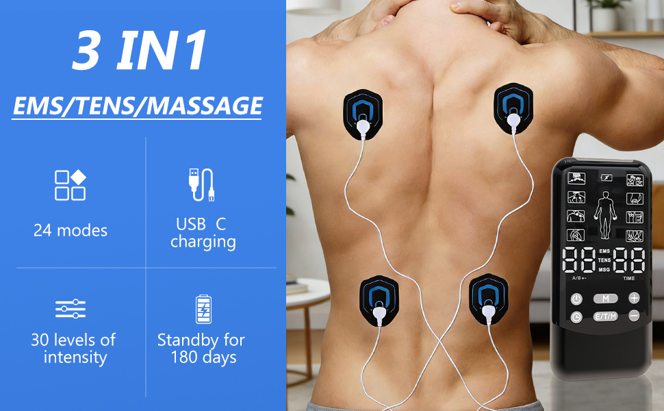 EMS TENS пристрій для терапії болю, 3-в-1 масажер, апарат електростимуляції для зняття болю. 24 програми масажу, 2 канали, 8 електродів