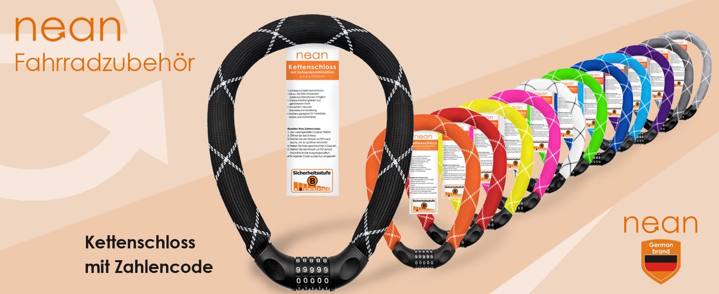 Замок для велосипеда Nean з кодовим замком, висока безпека, міцна тканинна обгортка, 6 x 6 x 900 мм, чорний