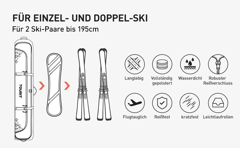 TOURIT Набір для перевезення лиж та черевиків: валіза для лиж на 2 пари (195 см), водонепроникний матеріал 900D Oxford, з колесами, сірий