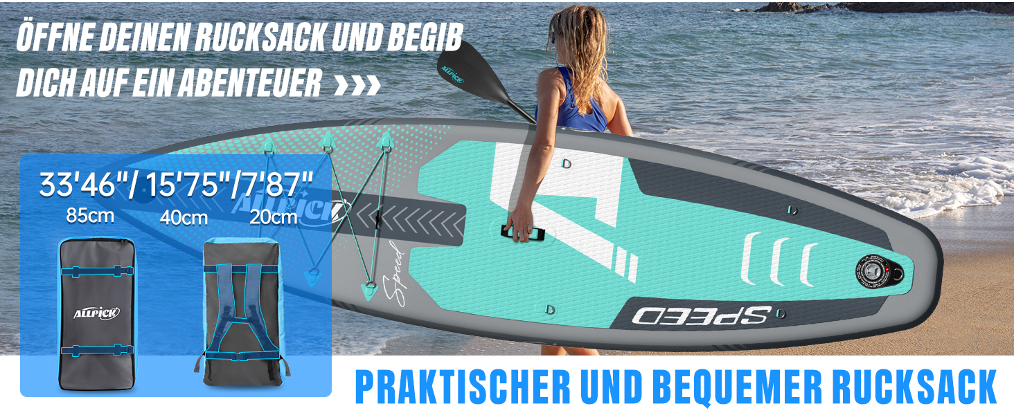 ALLPICK SUP Board Premium набір: Дошка для Stand Up Paddling надувна, з кріпленням для камери, повний комплект аксесуарів, регульоване весло, для початківців та просунутих, вантажопідйомність 200 кг, сіро-зелений