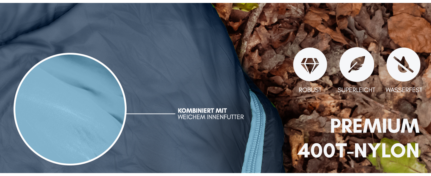 Спальний мішок NORDMUT® для дорослих – компактний та ультралегкий (900/1500г) – на 3 сезони (250 GSM) & літній спальний мішок (100 GSM) – мумієвидний спальник для кемпінгу, відпочинку на природі та фестивалів. Колір: Marine.