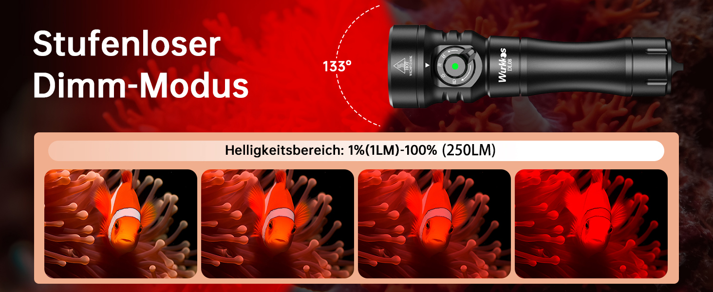 Ліхтар підводний Wurkkos DL08 – 3600 люмен, IPX8, з червоним та UV світлом, регулювання потужності, режими Spot/Flood, Type-C, CRI 90