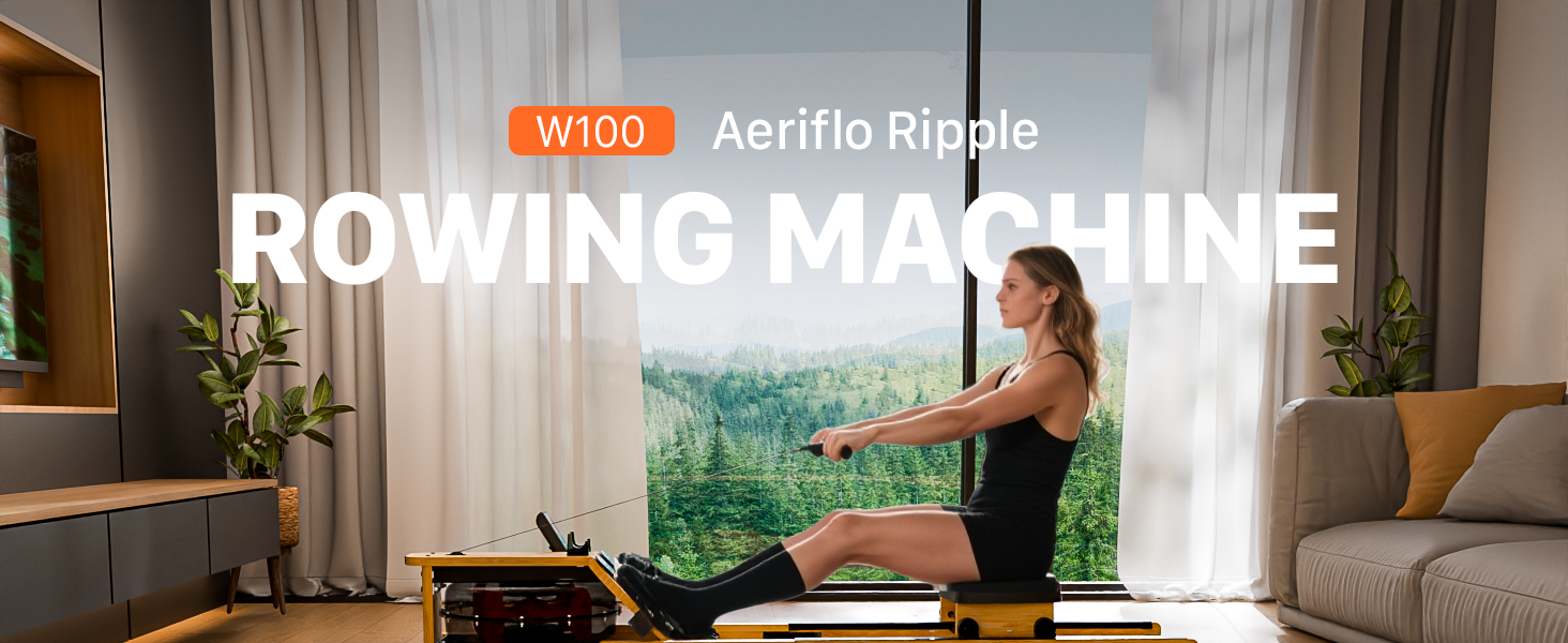 Гребний тренажер Aeriflo W100 для дому з бамбуком, Bluetooth, дисплеєм та додатком, тихий та компактний, преміум-якість, для комплексного тренування всього тіла