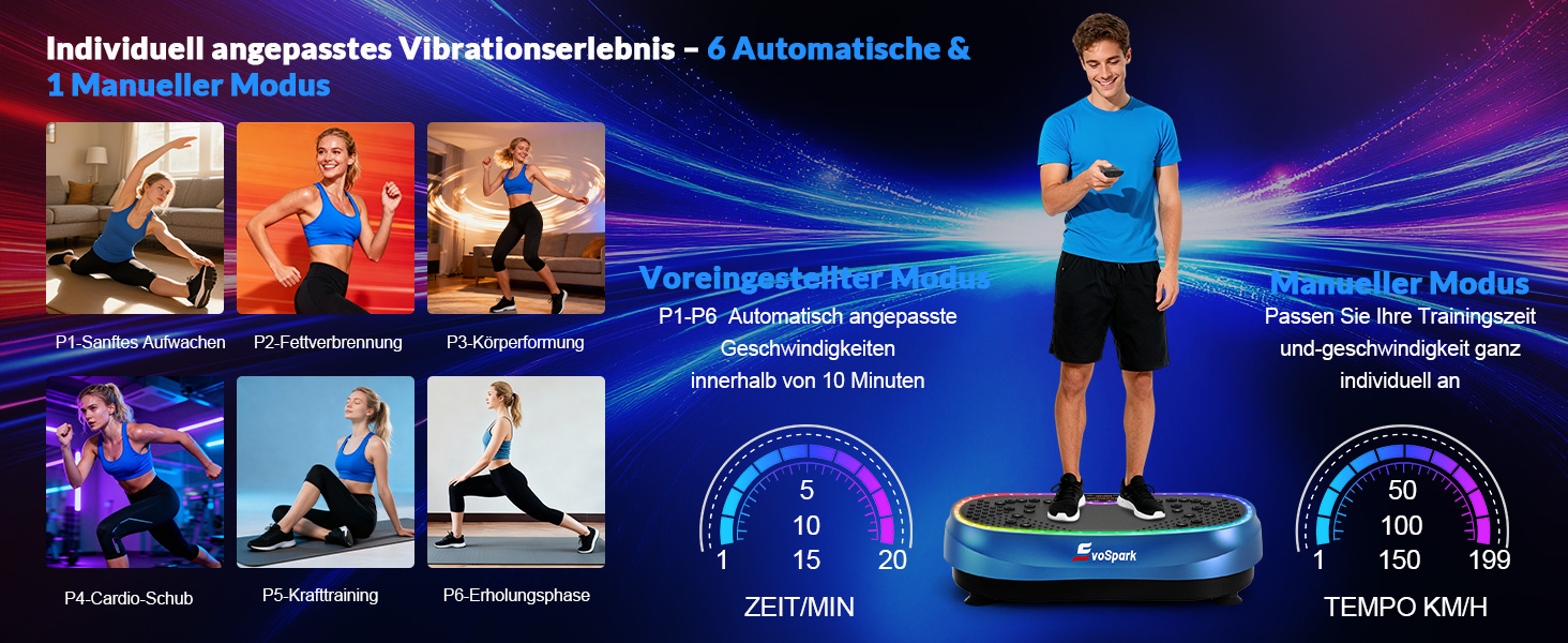 Вібраційна платформа для дому: 6+1 режимів тренувань, 199 швидкостей, 200W двигун, LED-підсвітка (темно-синій)