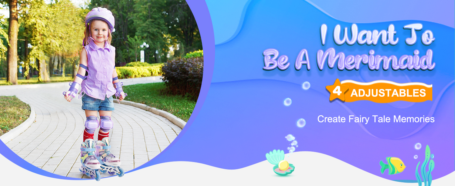 Інлайнери NEMONE для дівчаток, 4 розміри, регульовані, блакитний/фіолетовий, для дому та вулиці, розмір 37-39 EU, модель 'Морська русалка'