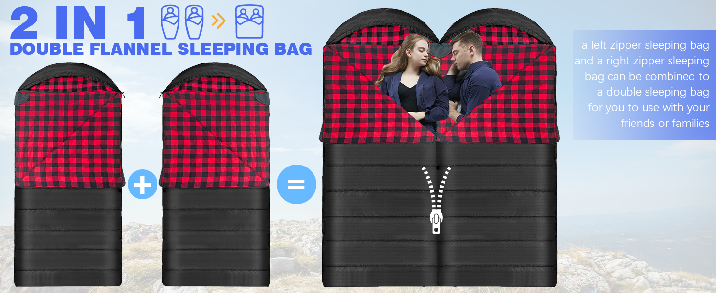 Спальний мішок XXL для дорослих, 3-4 сезони, фланель, кемпінг, зимовий, з сумкою, вологостійкий, теплий, 230x90 см (Чорний/Червоний, L-Zip)