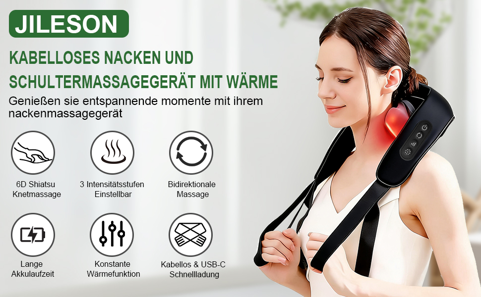 Масажер для шиї, плечей та спини з підігрівом, бездротовий 6D Shiatsu масажер для глибокого розминання тканин (чорний)