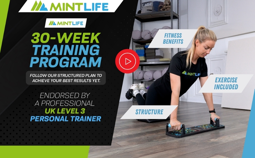 Дошка для віджимань Mintlife Power Press - портативна для дому та подорожей, з 30-тижневою програмою тренувань