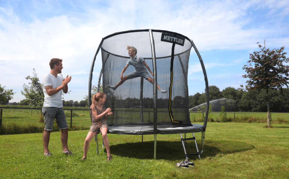 Батут Kettler Outdoor Jump 244 для саду з сіткою безпеки, діаметром 244 см, стійкий до погодних умов, з захисним обідком та сходами, синій, вантажопідйомність до 100 кг